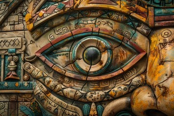 Obraz premium Colorful ancient mayan eye carving looking out from intricately carved stone wall