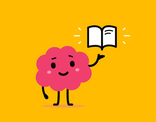 Vector cartoon education illustration of smile brain read book on yellow color background. Flat doodle style design of cute happy brain character with open book in hand