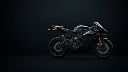 Fototapeta premium Sleek black sport motorcycle with aerodynamic design displayed against a dark background, highlighting sharp lines and modern engineering features.