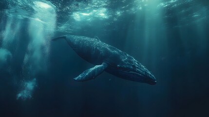 Fototapeta premium A blue whale swimming deep underwater