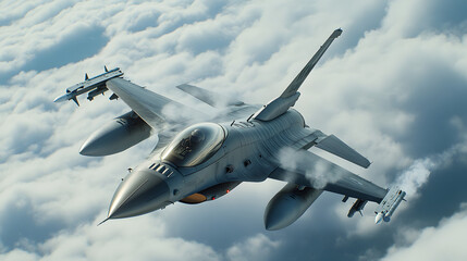 Obraz premium A powerful fighter jet in mid-flight with afterburners on slicing through the sky at high speed leaving a trail of vapor.