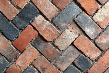 A historic red brick surface with authentic patina in herringbone design, texture, background.