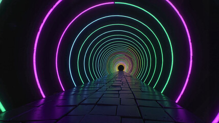 Neon-lit tunnel with colorful circular lights