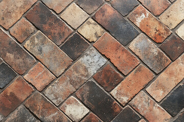 Obraz premium A historic red brick surface with authentic patina in herringbone design, texture, background.