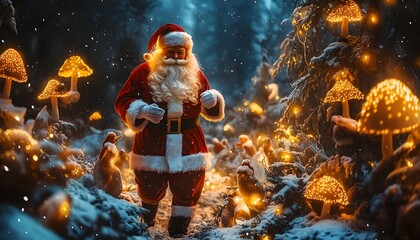Fototapeta premium A whimsical scene featuring Santa Claus walking through a snowy forest filled with glowing mushrooms. The enchanting atmosphere captures the magic of the holiday season.