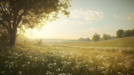 Obraz premium Summer Field with Green Trees and White Flowers - Realistic Image