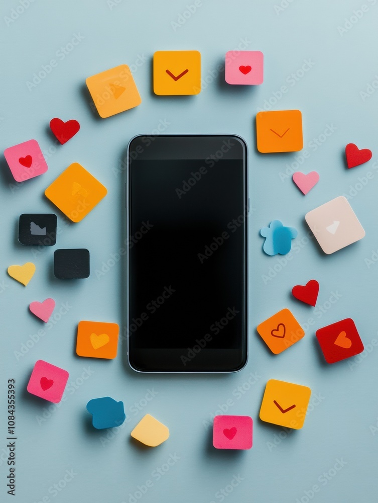 Aufkleber a smartphone rests on a table, encircled by vibrant notification icons symbolizing likes, comments, 