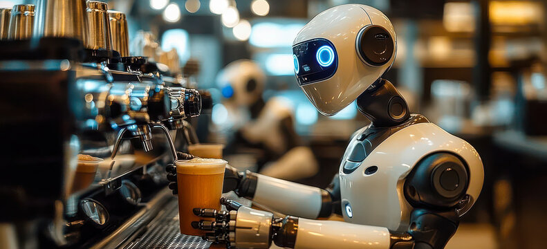 High-Tech Robot Baristas Serving Custom Drinks in Futuristic Cafe