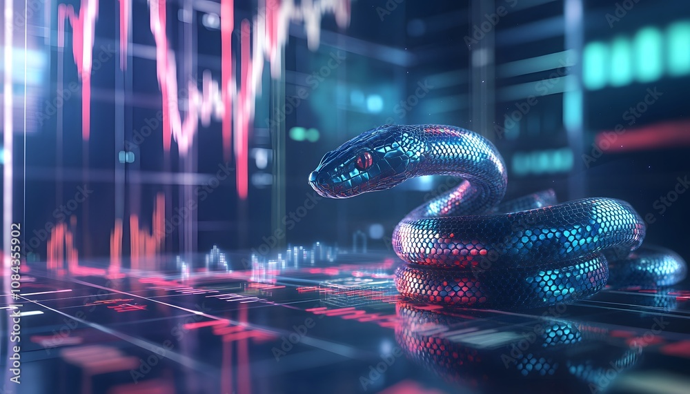 Poster a futuristic digital snake coils around a data interface, symbolizing the fusion of nature and techn