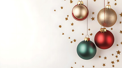 Elegant Christmas Ornaments and Golden Stars on a Minimalist White Background