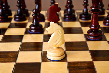 White wooden knight on the chessboard against dark figures