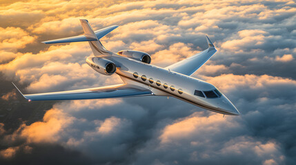Obraz premium A sleek business jet flying in golden hour light above a layer of soft clouds capturing the elegance and exclusivity of private aviation.
