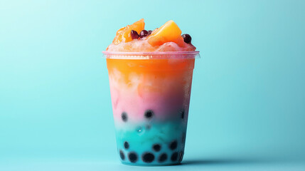 Colorful layered bubble tea in a clear plastic cup with tapioca pearls and fruit pieces on top against a blue background