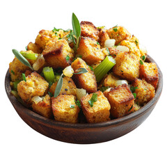 Ultrarealistic UHD Photo of Cornbread Stuffing, Golden and Crumbly Cornbread, Perfect for Thanksgiving and Christmas Dishes.