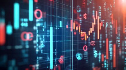 Fototapeta premium A financial backdrop showing a complex graph with upward and downward trends, combined with various currency symbols floating around the chart. 