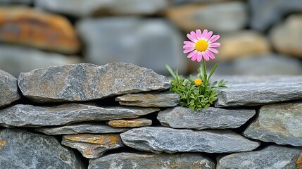 Fototapeta premium A single pink daisy flower blooms through a crack in a stone wall.