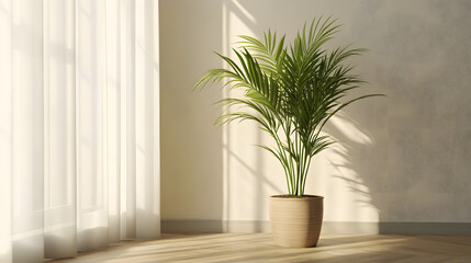 Fototapeta premium A small modern office corner with a single wooden desk minimal decor and a large potted plant creating a calm focused environment.