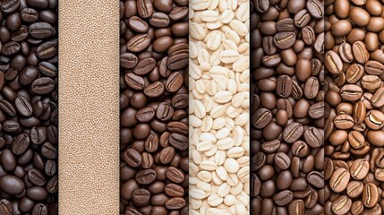 Variety of coffee beans displayed in vertical rows showing different roasting levels and a textured leather-like material