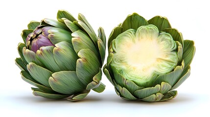 Obraz premium Fresh Artichokes and half isolated on white background AI Generated