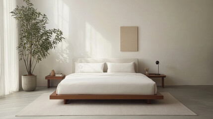 Fototapeta premium serene minimalist bedroom with wooden bed frame and white linens
