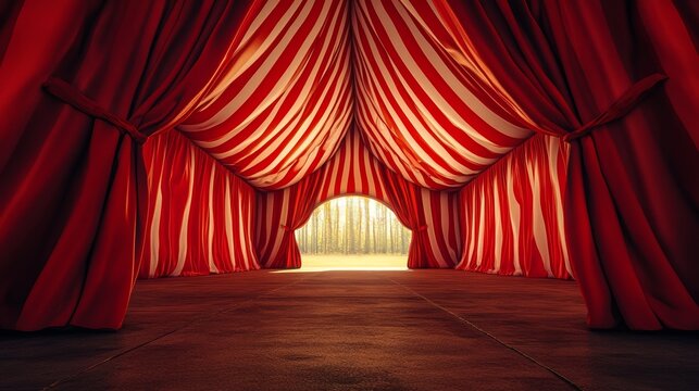 Background of a Circus Tent Featuring Dramatic Red Curtains and Wooden Floor
