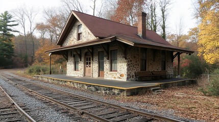 Fototapeta premium A small, stone train station with a red roof and a platform with benches, surrounded by autumn foliage.