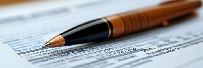 A pen lies atop a detailed document filled with printed text, emphasizing the significance of precise documentation for personal or professional use