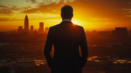 Fototapeta premium As the sun sets behind skyscrapers, a man in a suit gazes thoughtfully at the horizon, contemplating the beauty of the city below