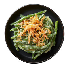 UHD Photo of Green Bean Casserole, Green Beans, Topped with Crispy Onions, Served in a Black Baking Dish, Perfect for Thanksgiving and Christmas Festivities