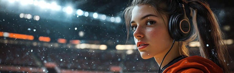 Female football referee wearing soccer jersey with headset in a stadium environment