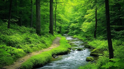 Obraz premium A winding stream flows through a lush, green forest.