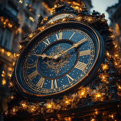 Obraz premium A close-up of a vintage clock with ornate gold details and Roman numerals, illuminated by festive sparkling lights, creating a magical holiday atmosphere