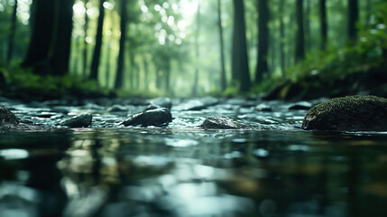 Fototapeta premium Serene forest stream flowing through lush greenery with smooth rocks and reflective water surface in soft natural light.
