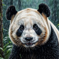 Cheerful panda at the waterfall playing with water. Illustration with pastels and colored pencils.