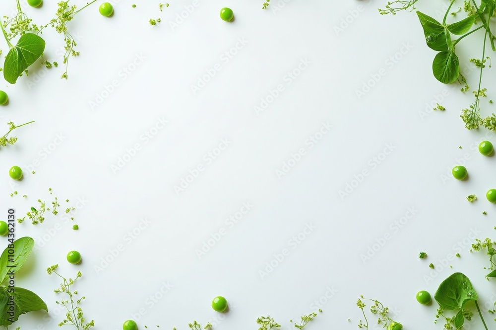 Aufkleber Scattered green peas and drops of juice create a vibrant composition on a pristine white backdrop, adding a fresh touch for culinary ideas. Generative AI