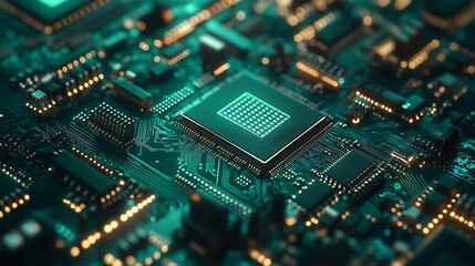 Obraz premium Closeup of processor and micro-components on intricate tech circuit board.