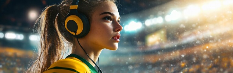 Female football referee wearing soccer jersey with headset in a stadium environment