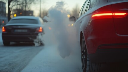 Obraz premium Car exhaust smoke and tail lights in winter environment. Cold weather vehicle maintenance
