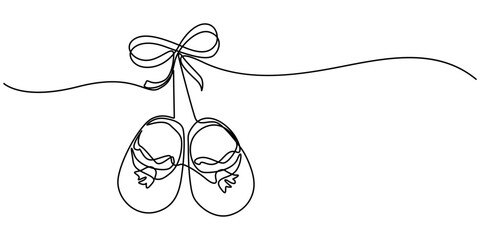 One continuous single line of baby shoes isolated on white background. Children s slippers, shoes, booties one line art. Continuous line drawing of clothes, dress, children s, wardrobe, dress up, neat