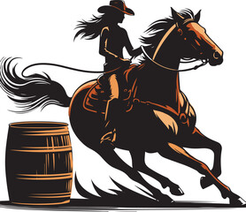 A cowgirl riding a  horse in a barrel racing competition