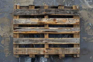 Old wooden pallet is lying on a grey concrete wall background