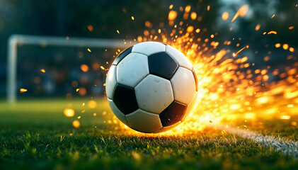 Fototapeta premium Closeup of soccer ball flying with fire trail behind, football background, sport template, copy space area