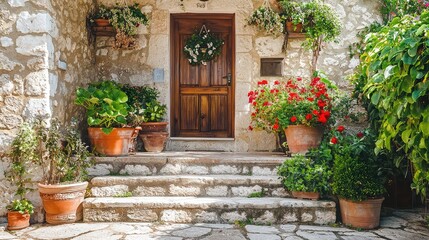 Naklejka premium Charming Entryway with Stone Steps and Decorative Plants