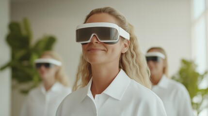 Woman wearing virtual reality headset with team in white uniforms. Technology innovation concept