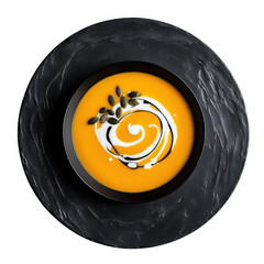 Ultrarealistic UHD Photo of Creamy Orange Pumpkin Soup in a black Bowl, Garnished with Pumpkin Seeds and Fresh Herbs, Perfect for Thanksgiving and Christmas Festive Meals