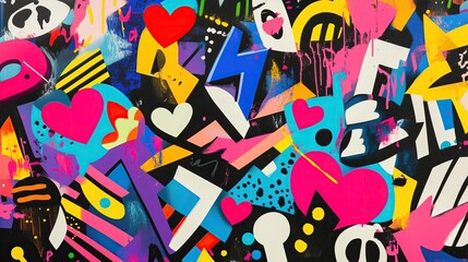 Fototapeta premium Vibrant abstract graffiti art with colorful hearts and shapes