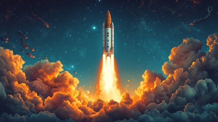 Vector illustration of a powerful space rocket launching into the sky, with dynamic motion effects and bright flames propelling it upwards, leaving a trail of smoke and fire. The clear sky background 