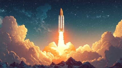 Fototapeta premium Vector illustration of a powerful space rocket launching into the sky, with dynamic motion effects and bright flames propelling it upwards, leaving a trail of smoke and fire. The clear sky background 
