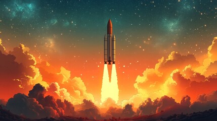 Obraz premium Vector illustration of a powerful space rocket launching into the sky, with dynamic motion effects and bright flames propelling it upwards, leaving a trail of smoke and fire. The clear sky background 