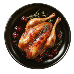 Ultrarealistic UHD Photo of Roast Duck with Cherry Glaze, Golden and Succulent, Garnished with Fresh Herbs and Seasonal Fruits, Presented on a Black Platter, Perfect for Holiday Feasts